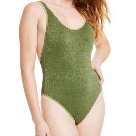 Fe Noel Large Swim Metallic High Leg Cheeky One Piece Swimsuit green glitter - Picture 1 of 8